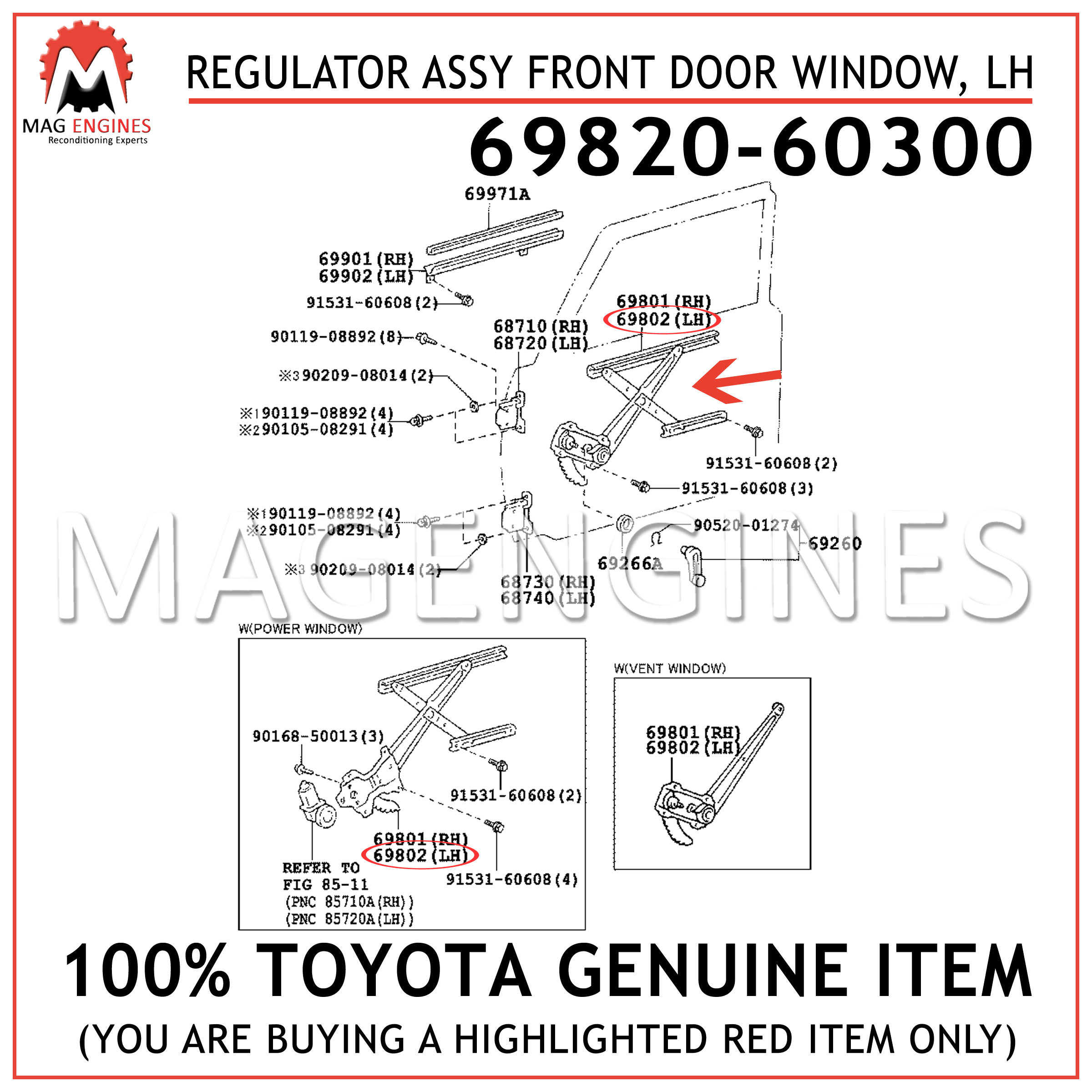 GENUINE Toyota OEM 69820-60300 REGULATOR SUB-ASSY FRONT DOOR WINDOW LH