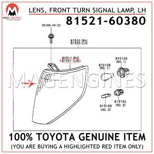 81521-60380 TOYOTA GENUINE LENS, FRONT TURN SIGNAL LAMP, LH 8152160380