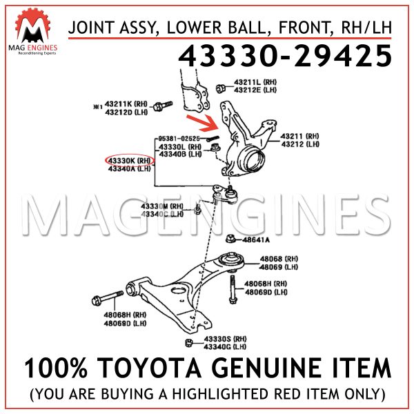 43330-29425 TOYOTA GENUINE JOINT ASSY, LOWER BALL, FRONT, RHLH 4333029425