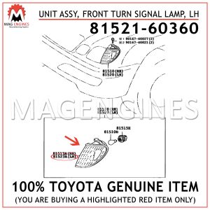 81521-60360 TOYOTA GENUINE UNIT ASSY, FRONT TURN SIGNAL LAMP, LH 8152160360