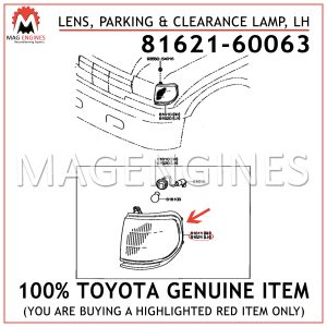 81621-60063 TOYOTA GENUINE LENS, PARKING & CLEARANCE LAMP, LH 8162160063