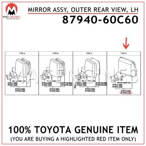 87940-60C60 TOYOTA GENUINE MIRROR ASSY, OUTER REAR VIEW, LH 8794060C60