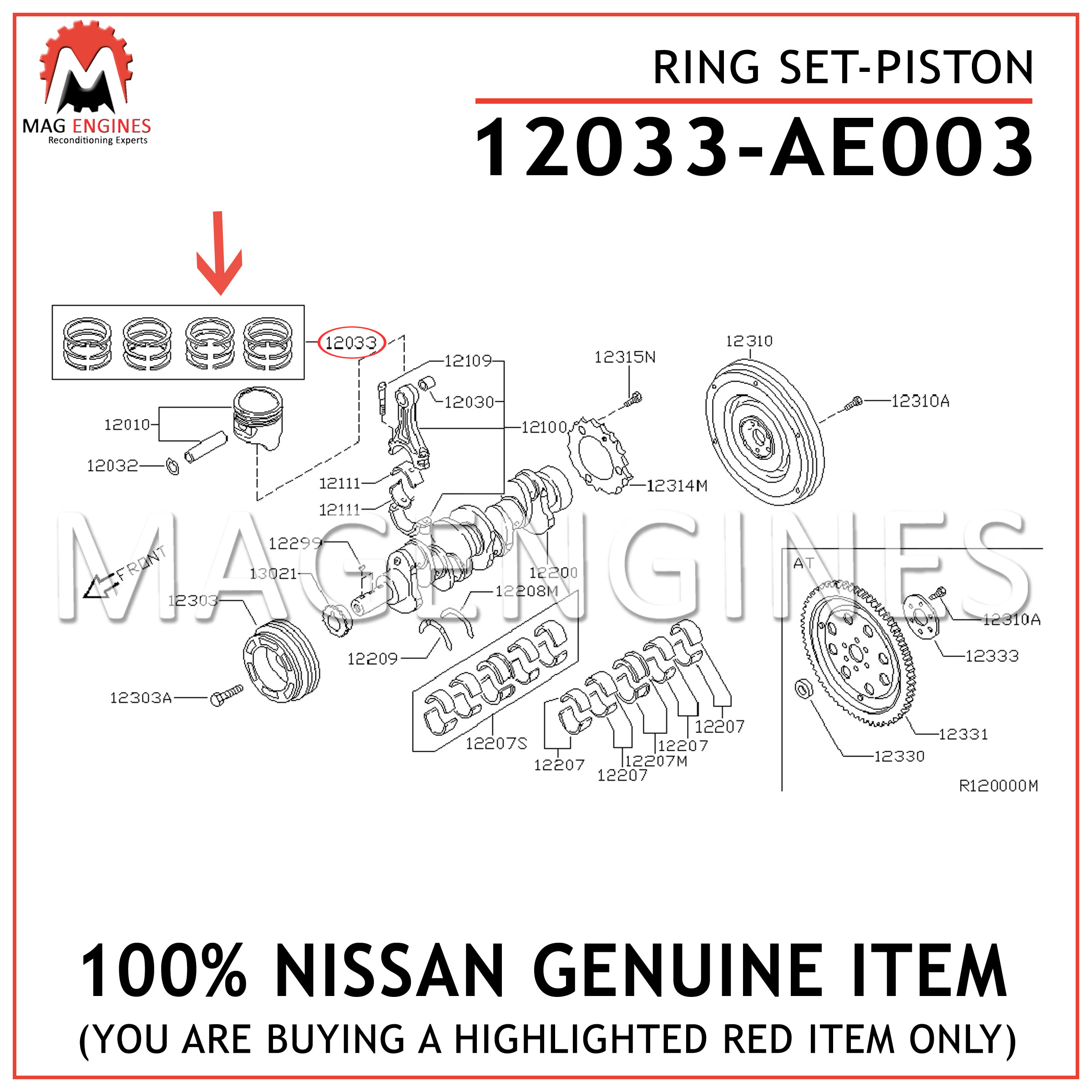 New Genuine OEM Part 12033AE003 Nissan Ring set-piston 12033AE003