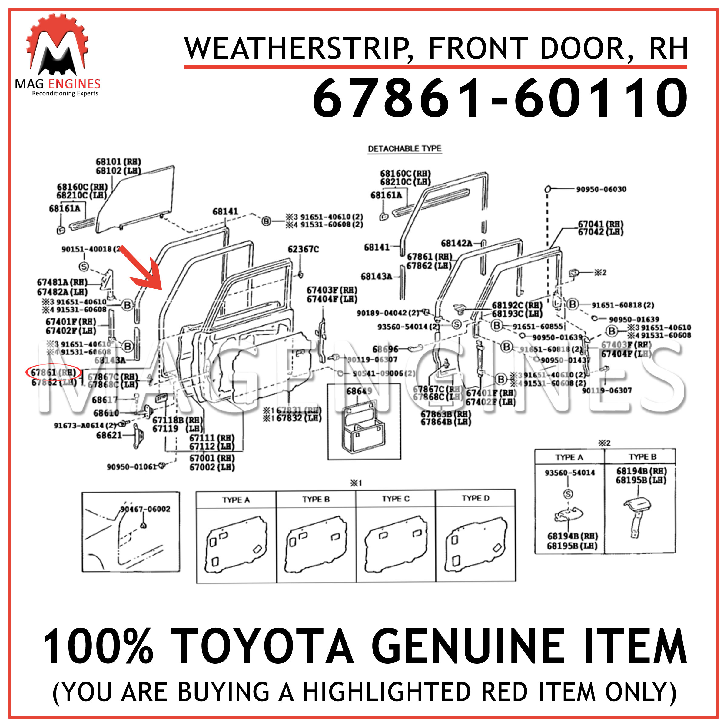 TOYOTA Genuine 67861-12A60 Door Weatherstrip
