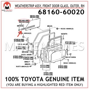 68160-60020 TOYOTA GENUINE WEATHERSTRIP ASSY, FRONT DOOR GLASS, OUTER, RH 6816060020