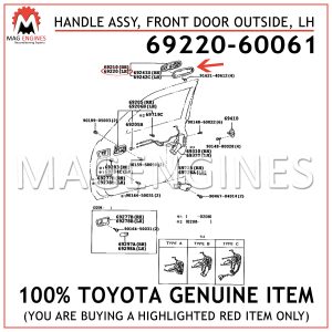 69220-60061 TOYOTA GENUINE HANDLE ASSY, FRONT DOOR OUTSIDE, LH 6922060061