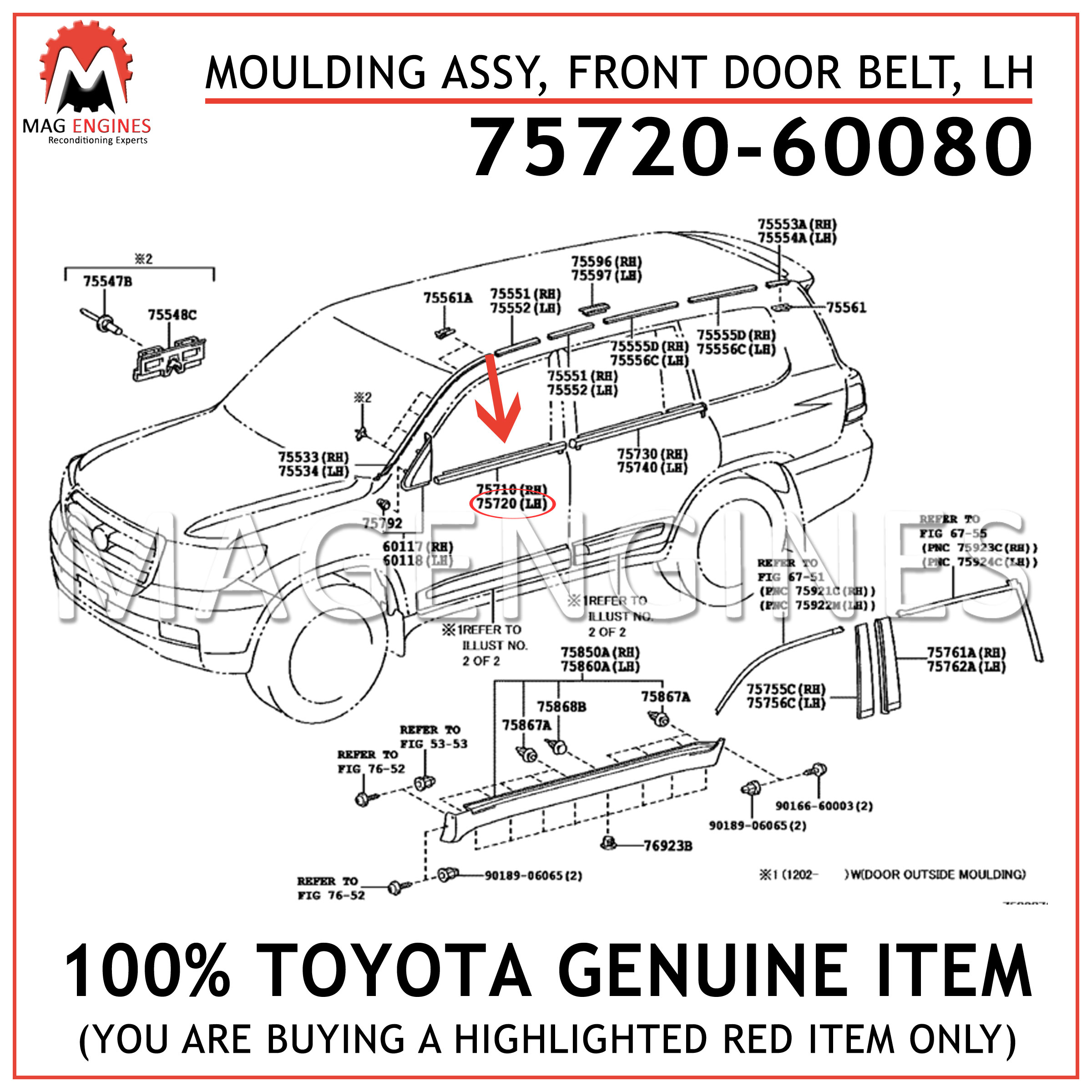 7571260080 Genuine Toyota MOULDING FRONT DOOR BELT LH DRIVER 75712-60080