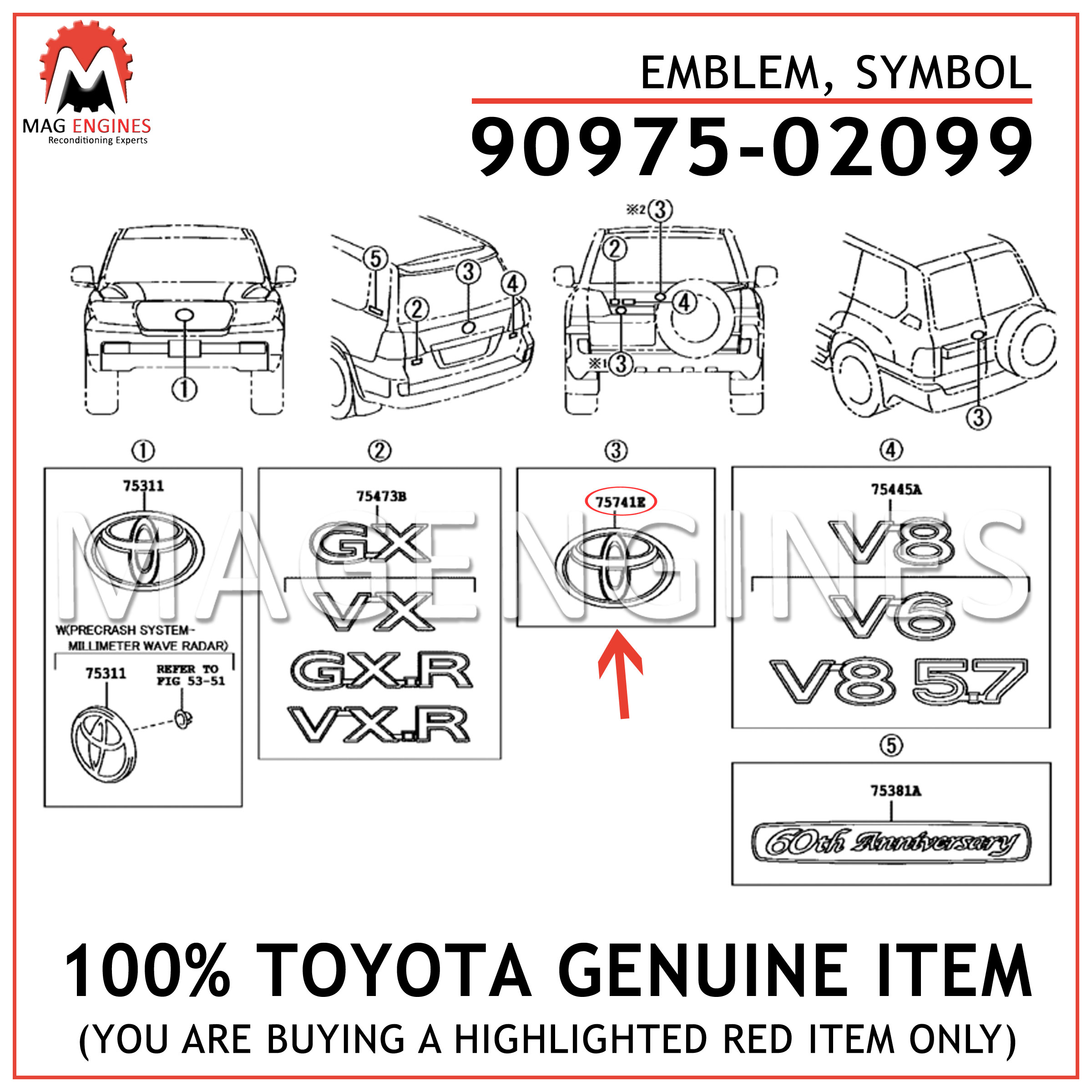 9097502099 Genuine Toyota EMBLEM  SYMBOL 90975-02099