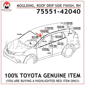 75551-42040 TOYOTA GENUINE MOULDING, ROOF DRIP SIDE FINISH, RH 7555142040