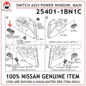 25401-1BN1C NISSAN GENUINE SWITCH ASSY-POWER WINDOW, MAIN 254011BN1C