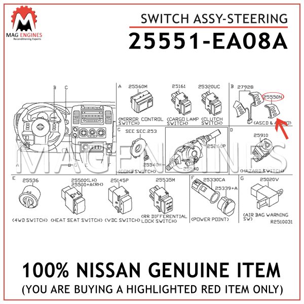 25551-EA08A NISSAN GENUINE SWITCH ASSY-STEERING 25551EA08A