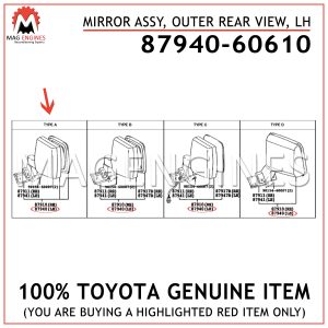 87940-60610 TOYOTA GENUINE MIRROR ASSY, OUTER REAR VIEW, LH 8794060610