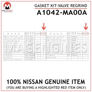 A1042-MA00A NISSAN GENUINE GASKET KIT-VALVE REGRIND A1042MA00A