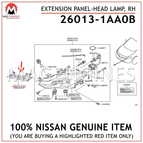 26013-1AA0B NISSAN GENUINE EXTENSION PANEL-HEAD LAMP, RH 260131AA0B