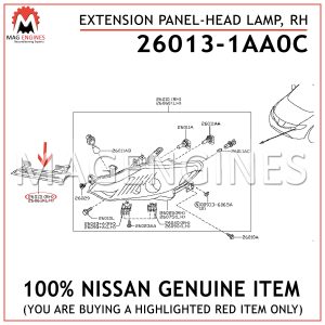 26013-1AA0C NISSAN GENUINE EXTENSION PANEL-HEAD LAMP, RH 260131AA0C