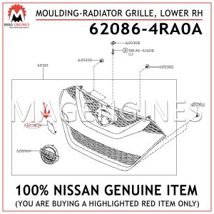 62086-4RA0A NISSAN GENUINE MOULDING-RADIATOR GRILLE, LOWER RH 620864RA0A