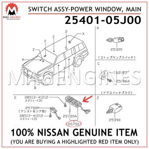 25401-05J00 NISSAN GENUINE SWITCH ASSY-POWER WINDOW, MAIN 2540105J00