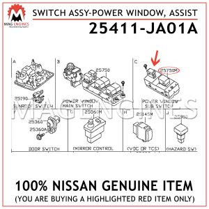 25411-JA01A NISSAN GENUINE SWITCH ASSY-POWER WINDOW, ASSIST 25411JA01A
