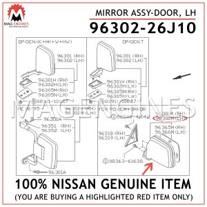 96302-26J10 NISSAN GENUINE MIRROR ASSY-DOOR, LH 9630226J10