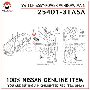 25401-3TA5A NISSAN GENUINE SWITCH ASSY-POWER WINDOW, MAIN 254013TA5A