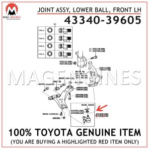 43340-39605 TOYOTA GENUINE JOINT ASSY, LOWER BALL, FRONT LH 4334039605