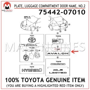75442-07010 TOYOTA GENUINE PLATE, LUGGAGE COMPARTMENT DOOR NAME, NO.2 7544207010
