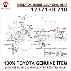 12371-0L210 TOYOTA GENUINE INSULATOR ENGINE MOUNTING, REAR 123710L210