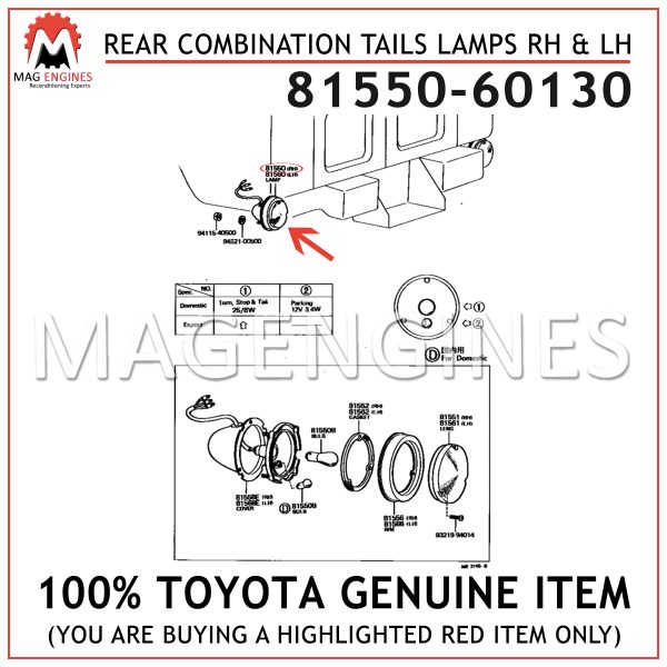 81550-60130 x 2 TOYOTA GENUINE REAR COMBINATION TAILS LAMPS RH & LH 8155060130