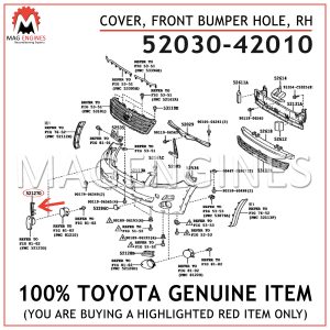 52030-42010 TOYOTA GENUINE COVER, FRONT BUMPER HOLE, RH 5203042010