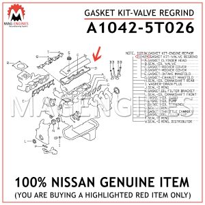 A1042-5T026 NISSAN GENUINE GASKET KIT-VALVE REGRIND A10425T026