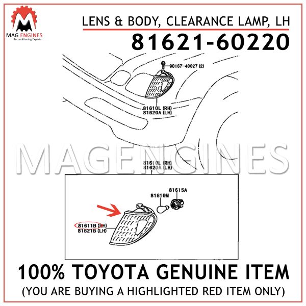 81621-60220 TOYOTA GENUINE LENS & BODY, CLEARANCE LAMP, LH 8162160220