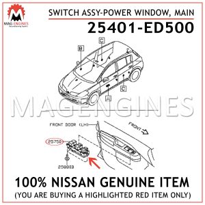 25401-ED500 NISSAN GENUINE SWITCH ASSY-POWER WINDOW, MAIN 25401ED500